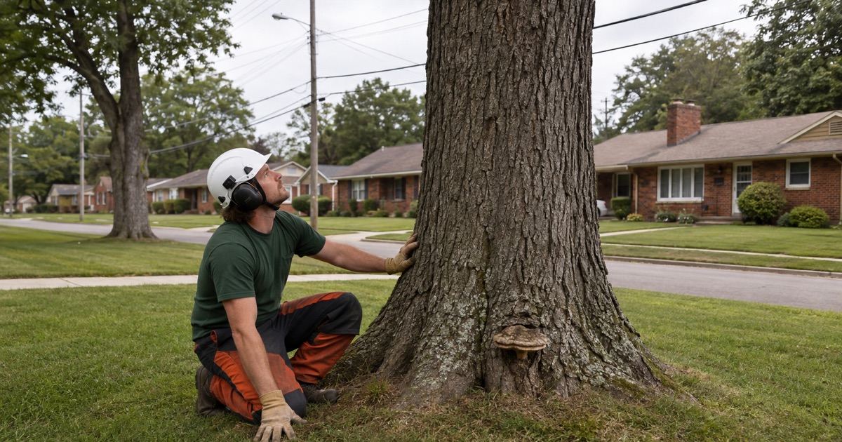 Worker crouched at the root flare of a mature northern red oak in Franklin, reading a shelf fungus at the base of the stem.
