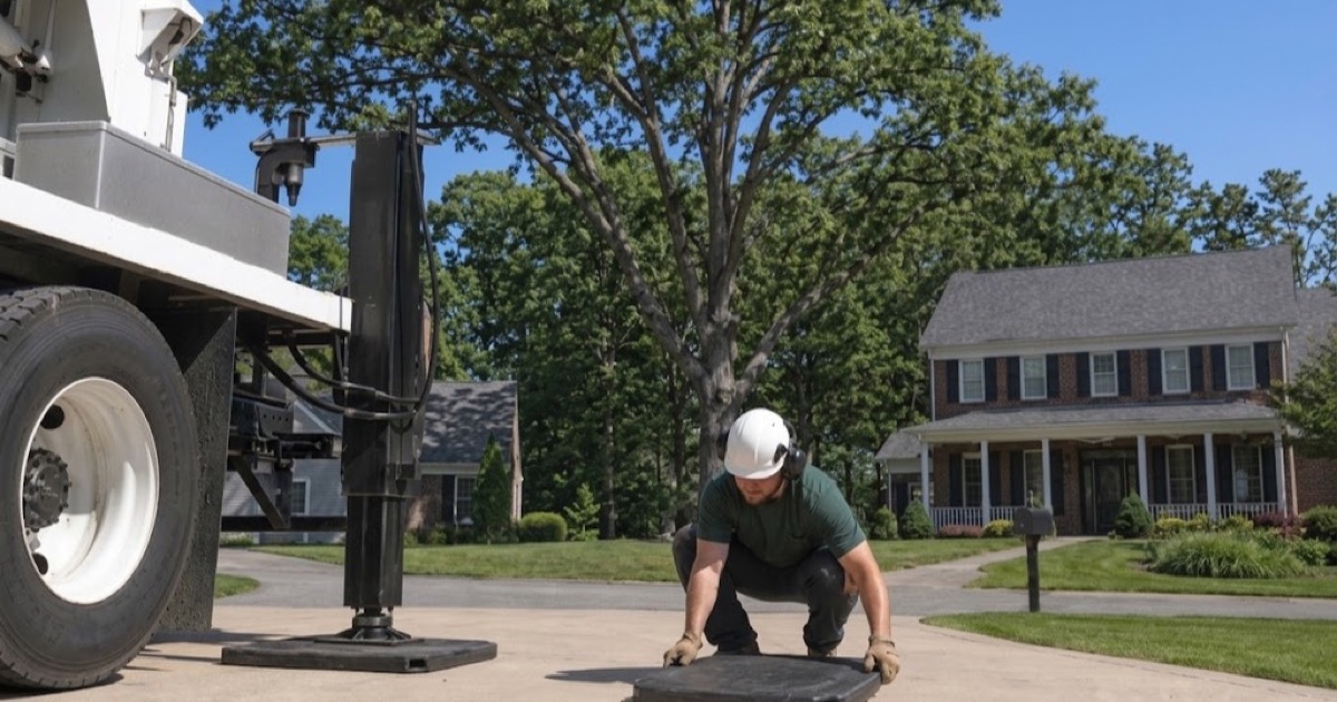Worker setting an outrigger pad on the driveway at the start of a Franklin job, the white oak due to come down standing behind the house.