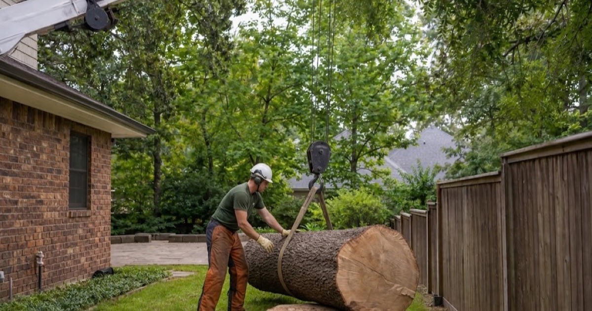 Worker setting the choker on a black oak section in a tight Franklin back yard, the crane hook block already lowered to it.