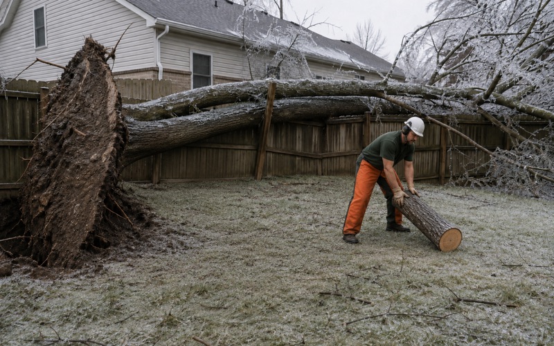Worker at the butt of a windthrown silver maple that came down across a Middle Tennessee back fence under ice, its root plate lifted clear of the lawn.