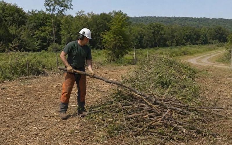 Worker rolling a honey locust cull log onto the windrow on a Franklin acreage clearing job, the mulcher parked with its grapple closed behind him.
