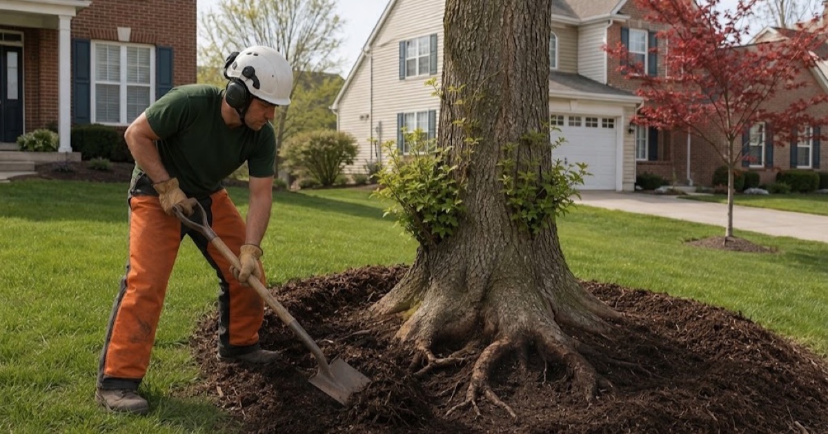 Worker pulling piled mulch back off the root flare of a declining white ash in Franklin, opening the root collar to the air.