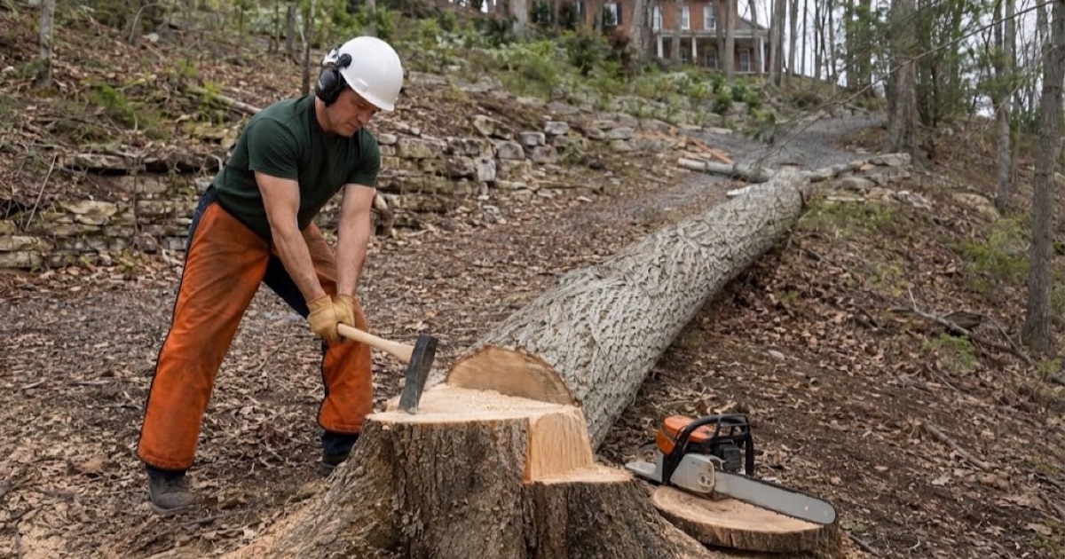 Worker driving a wedge at the stump of a white oak just felled into an open lane on a wooded two-acre Brentwood hillside lot.