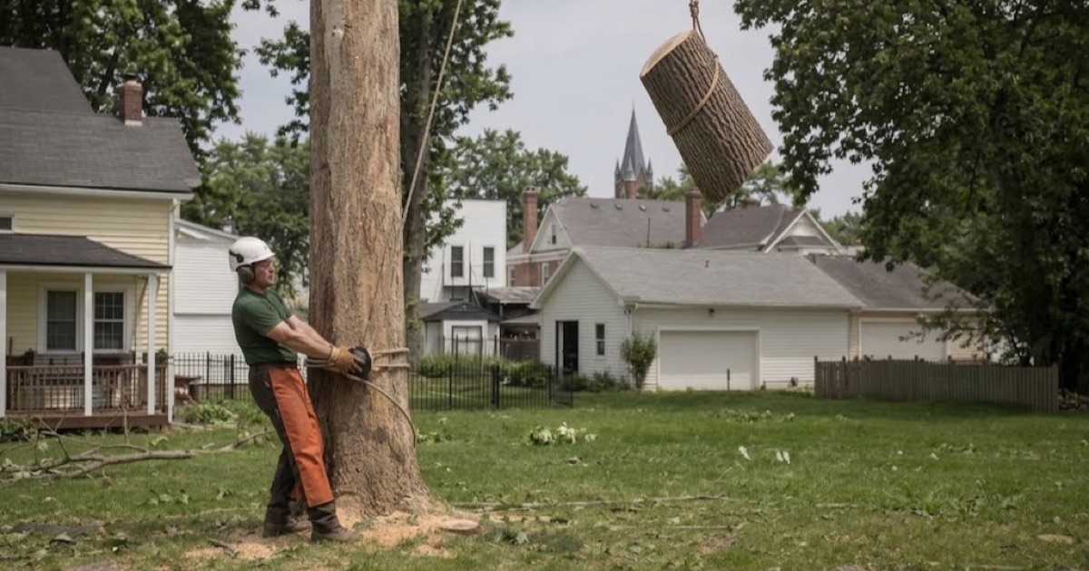 Worker with three wraps on the bollard at the base of a tulip poplar in Columbia, holding a section as it comes off the stem.