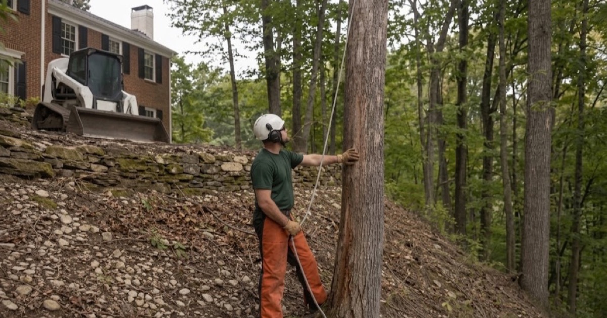 Worker setting a rigging line low on the spar of a northern red oak on a steep cherty Forest Hills slope, the friction device already anchored at the base.