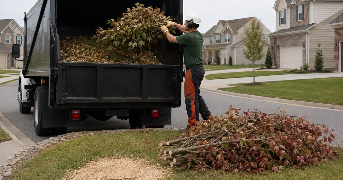 Worker loading red maple brush into the crew’s own chip box in Mount Juliet, because the city chipper will not take what a crew cut.