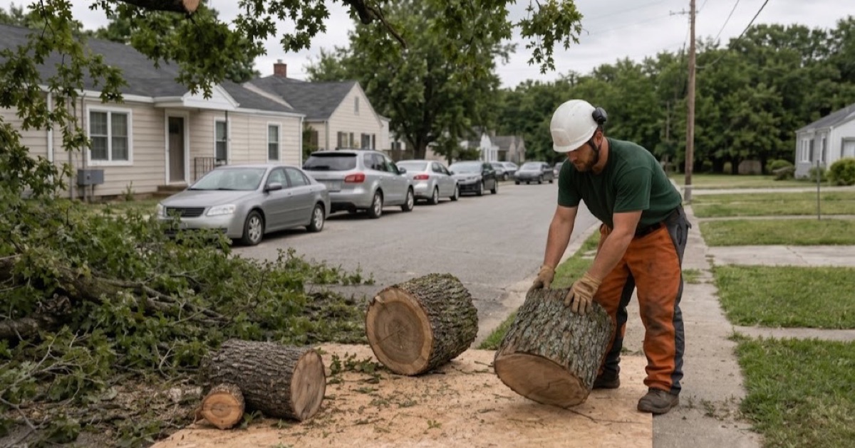 Worker lowering a post oak limb clear of the sidewalk on a Murfreesboro rental street, the sections landing on boards laid over the walk.