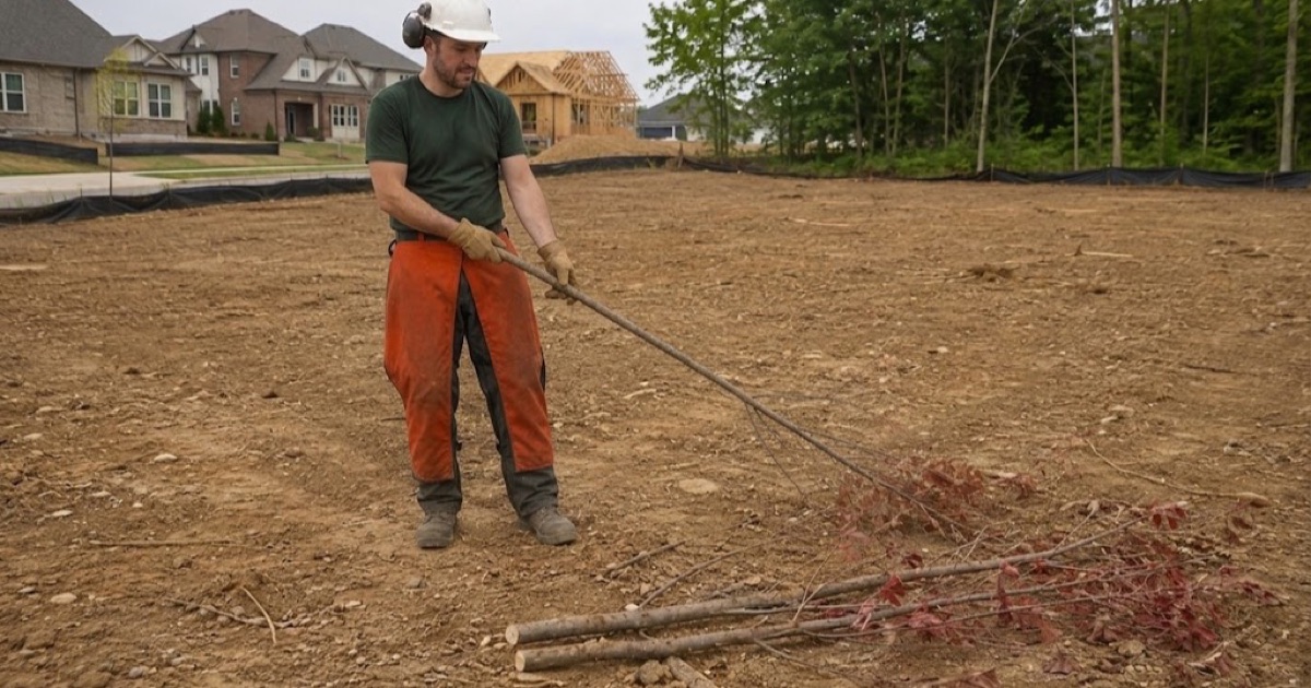 Worker pulling a young red maple off a graded Nolensville building lot, the tree inventory tags and the finished houses of the same subdivision behind him.
