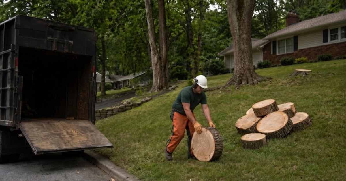 Worker walking a sugar maple round down a sloping Oak Hill lawn to the tailboard, one of a stand of same-age trees behind him.