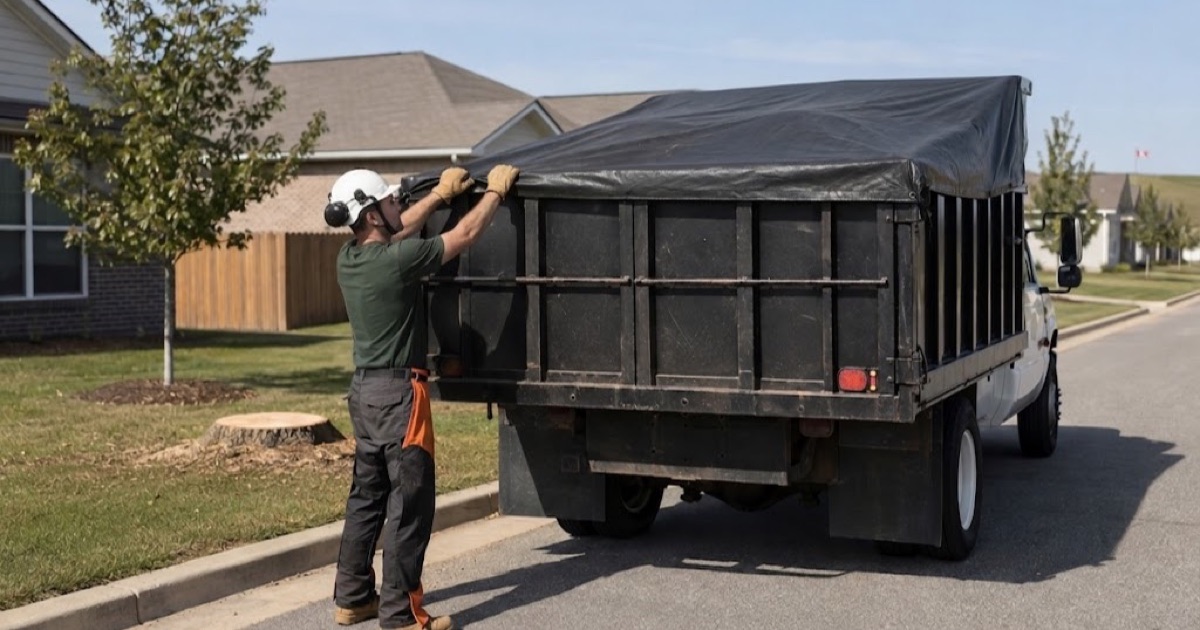 Worker drawing the tarp closed over a load of chinkapin oak chips at the curb in Smyrna, open airfield ground beyond the last row of houses.