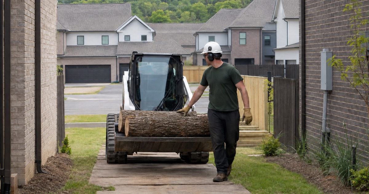 Worker guiding a compact tracked loader carrying eastern red cedar wood through the narrow gap between two attached Thompson’s Station homes.