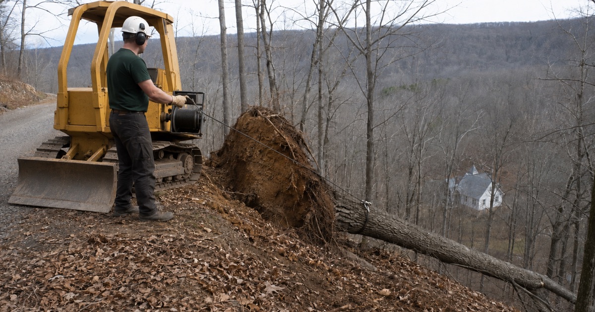 Worker setting the winch drum on a windthrown white oak in White Bluff, its root plate lifted clear of the slope.